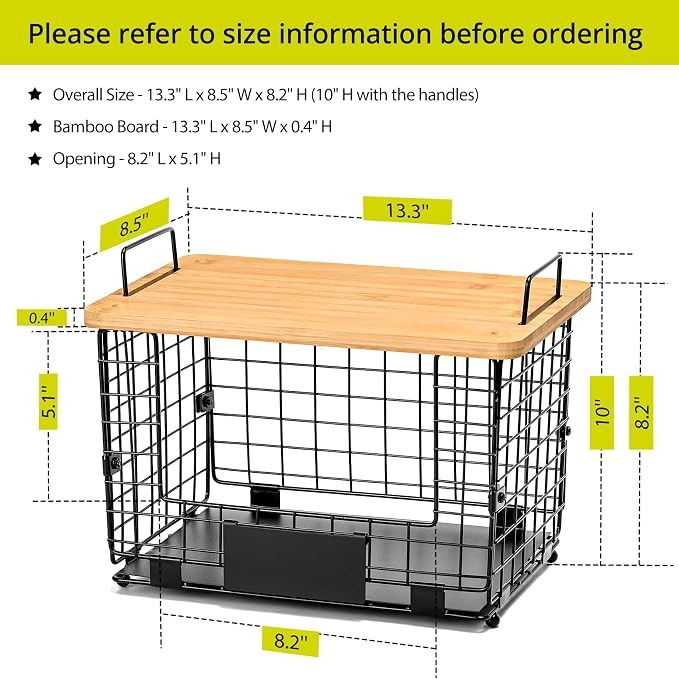 2 Set XL Stackable Wire Basket with Bamboo Tops & Tags- Pantry Organizer and Storage Bins, Kitchen Counter Cabinet Shelf Countertop Under Sink Organizing, Food Snack Produce Onion Potato Bread Storage