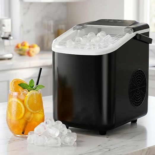 Ice Maker Countertop, Portable Ice Machine with Handle, Basket & Scoop, 26Lbs/24Hrs, 9 Bullet Ice Cubes Ready in 6–8 Mins, 2 Ice Sizes, Self-Cleaning, Quiet Compact for Home Kitchen Office RV Camping