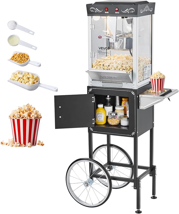 VEVOR Popcorn Machine with Cart, 8oz Stainless Steel Kettle, 800W Commercial Popcorn Maker, 48 Cups per Batch Theater Style Popper, with 2-Button Control Glass Wall PC Door 1 Scoop 3 Spoons, Black