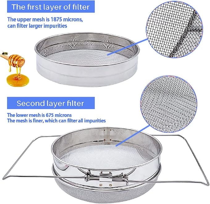 Stainless Steel Honey Strainer for 5 Gallon Bucket – Double Sieve Honey Filter with 650 & 1875 Micron Mesh – Extendable Arms Up to 16.5" – Beekeeping Honey Harvesting Equipment and Food Strainer