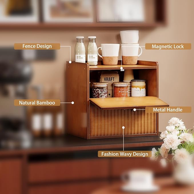 Trironsun Rustic Bread Box for Kitchen Countertop Bamboo Bread Storage Container Bin Double Layer BreadBox Farmhouse Large Capacity Food Organizer (Brown)