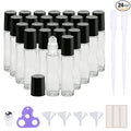 PrettyCare 24 Pack, 10 ml Essential Oil Roller Bottles with Stainless Steel Roller Ball - Refillable Leak-proof Empty Thick Clear Glass Roll on Bottles with Black Caps for Travel, Perfume