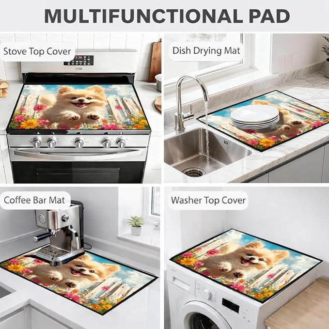 Stove Top Cover for Electric Stove 28.35 x 20.47 Inch Non Slip Stove Mat Pomeranian Puppy Floral Glass Cooktop Protector Kitchen Counter Mat
