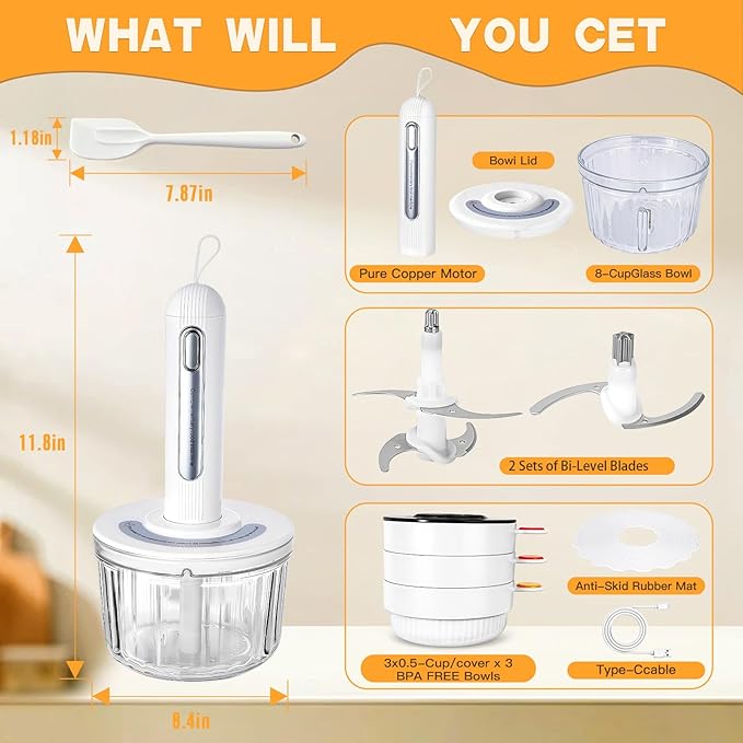 Glass Food Processor Small, USB Charging Wireless Electric Meat Grinder with 4 Blades & 4 Bowls (1x8 Cup+3x0.5 Cup), Mini Chopper Food Processor for Home Use, Onion, Garlic, Ginger, Baby Food