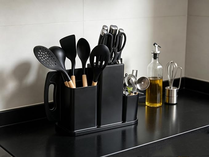 Kitchen Utensils and Knives Set, 20PCS Knife and Cooking Spoon Tools Set with Storage Holder, Sharp Stainless Steel Knife Sets with Bread, Chef Knifee (Black)