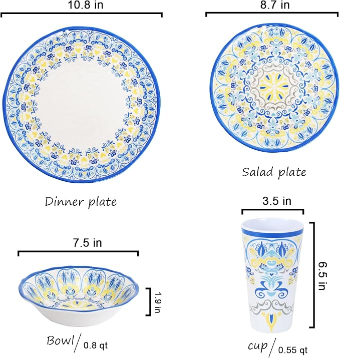 Melamine Dinnerware Set for 4-16 Pcs:Camping Dishes Set with Dinner Plates,Salad Plates, Bowls and Cups.Lightweight and Unbreakable.Indoor and Outdoor Use.