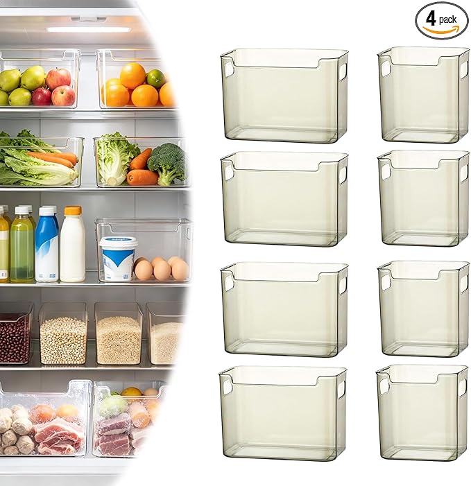 Crystal Clear Freezer Storage Bins, BPA-Free Clear Fridge Organizer Bins with Handles, Stackable Plastic Bins for Organization, Heavy-Duty Clear Storage Bins (Translucent Green, 4L+4S)