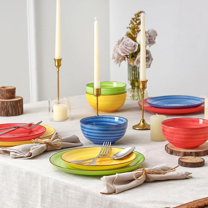 Selamica Ceramic Plates and Bowls Sets,18 Pieces Dinnerware Sets for 6,Dishwasher & Microwave Safe dish set,Family & Holiday Dining, Dopamine
