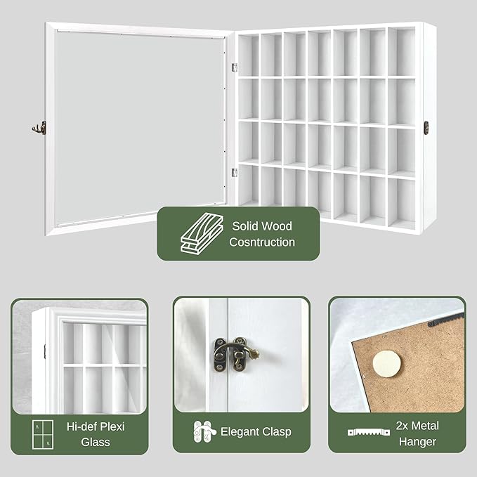 Shot Glass Display Cabinet Solid Wood - Large Display Case for Collectibles | Man Cave Accessories | UV Protection Acrylic Door | Wall Mounted Black Shadow Box | 28 Divided Slots | 18" x 16"