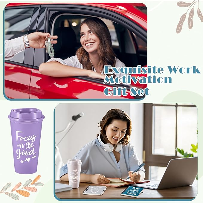 Skylety 12 Sets/48 Pcs Employee Appreciation Gifts 16oz Inspirational Plastic Cups Spiral Notebooks Ballpoint Pens Keychains Bulk Thank You Cup for Employee Coworker (Light Morandi)