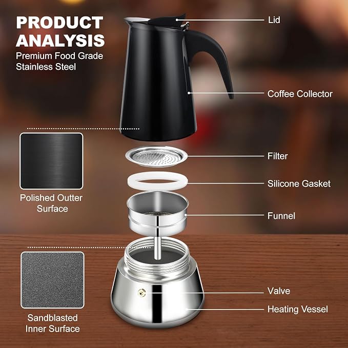 9 Cup Stovetop Espresso Maker Stainless Steel Moka Pot Stove Top Percolator Italian Coffee Makers Capable Mocha Greca Machine Cafe Classic Induction Cookers for Home and Camping 450ml 15oz