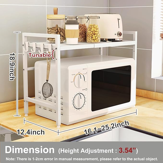Expandable Microwave Stand Countertop, Heavy Duty Over Microwave Shelf Countertop, 2 Tier Carbon Steel Microwave Oven Rack Shelf for Kitchen with 4 Hooks,Holds 132lb,Height Adjustable,White