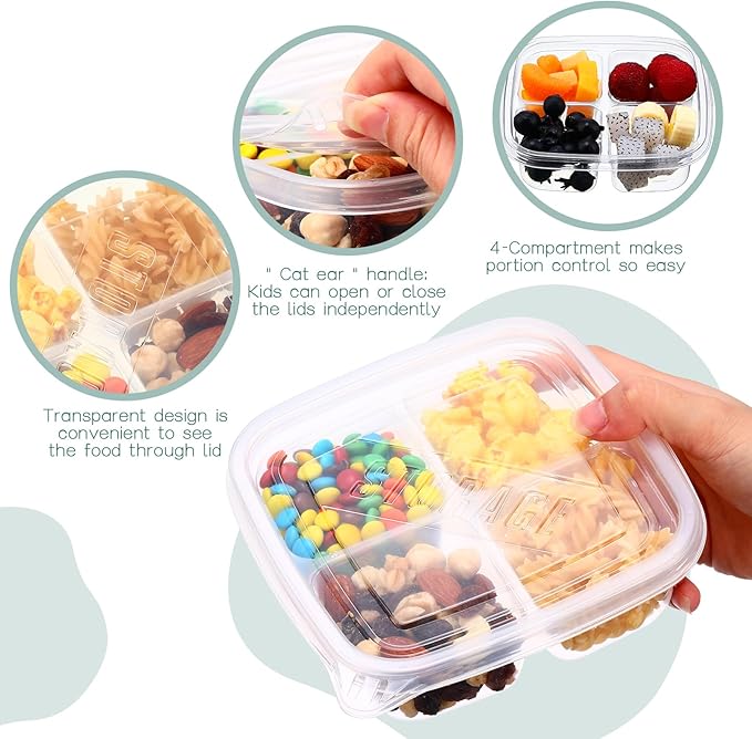Dandat 50 Pcs Clear Plastic Bento Boxes 4 Compartment Reusable Snack Containers Leakproof Food Container Food Prep Bento Box with Lids Divided Food Storage Containers for Adults School Work Travel