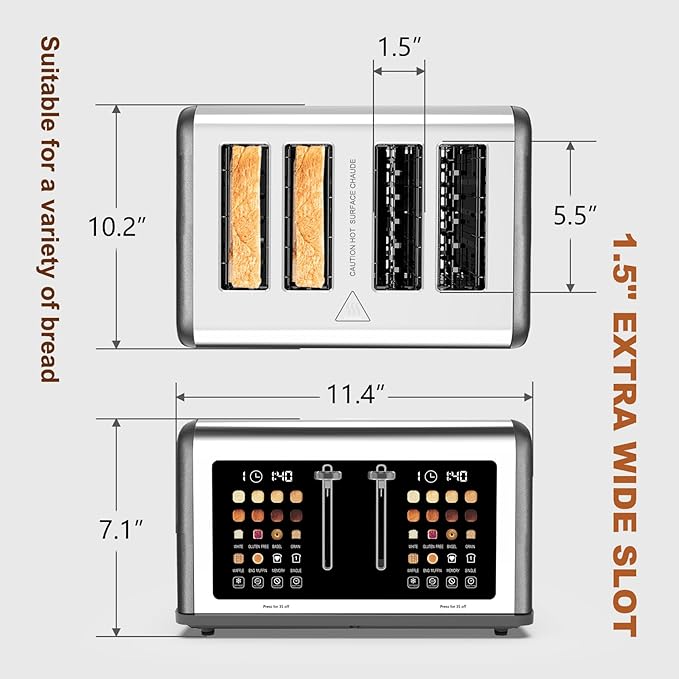 4 Slice Toaster Touch Screen, Stainless Steel Toasters Digital Timer, Dual Control Panel Toasters, 8 Shade Settings 6 Bread Types for Bagel, Cancel, Defrost 1650W Grey