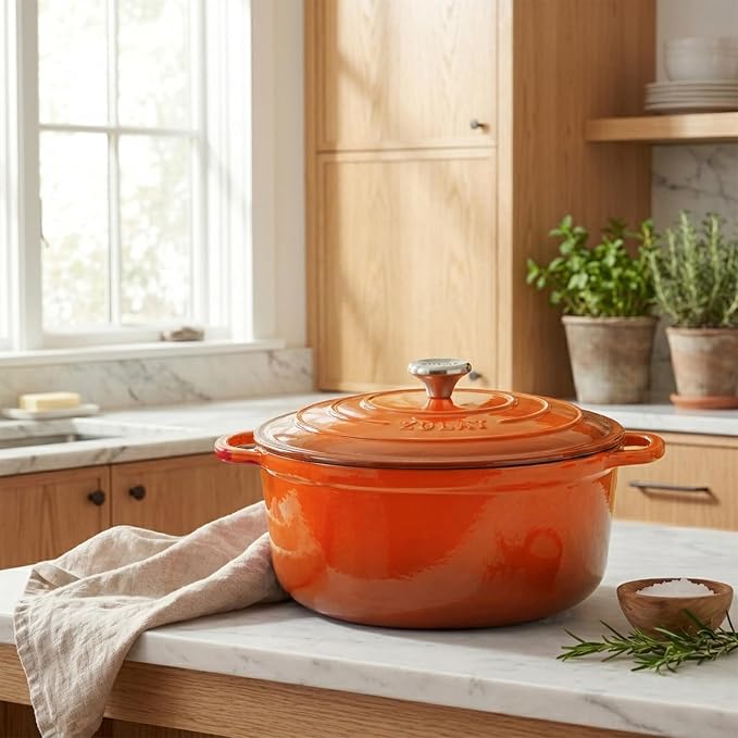 Zulay Kitchen 7.7 Quart Enameled Cast Iron Dutch Oven Pot with Lid – Premium Durability & Oven Safe up to 500°F – Heavy Duty Cookware Perfect for Bread Baking, Stews, Braising & Roasting – Orange