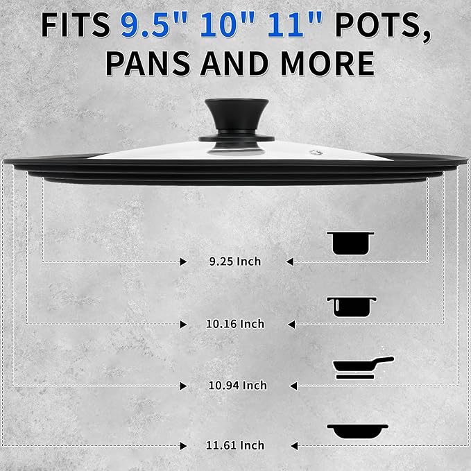 Universal Tempered Glass Lid with Heat Resistant Silicone Rim - Fits 9.5" - 11" Diameter Cookware, Replacement Lid for Frying Pan and Cast Iron Skillet