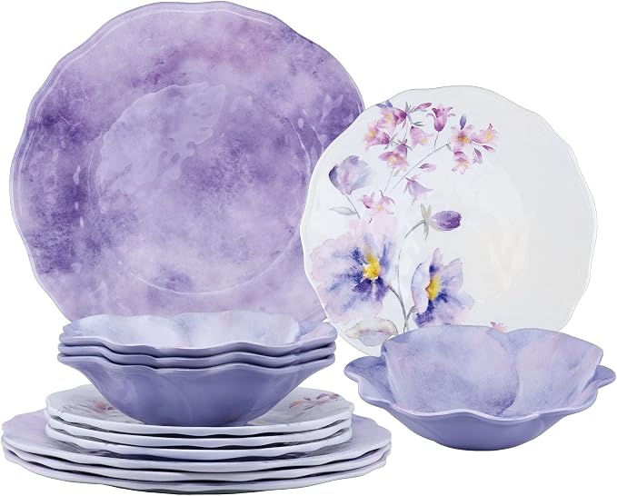 UPware 12 Piece Lavender Melamine Dinnerware Sets, Outdoor Dishes Set, Plates and Bowls Sets, Service for 4, Purple
