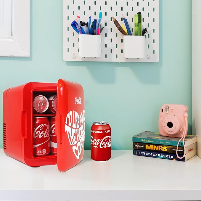 Coca-Cola World 1971 Series Mini Fridge, 6-Can Portable AC/DC Thermoelectric Cooler & Warmer, 4L Compact Dorm Fridge for Skincare, Cosmetics, Snacks, Beverages, Car, Boat, RV, Office Desk