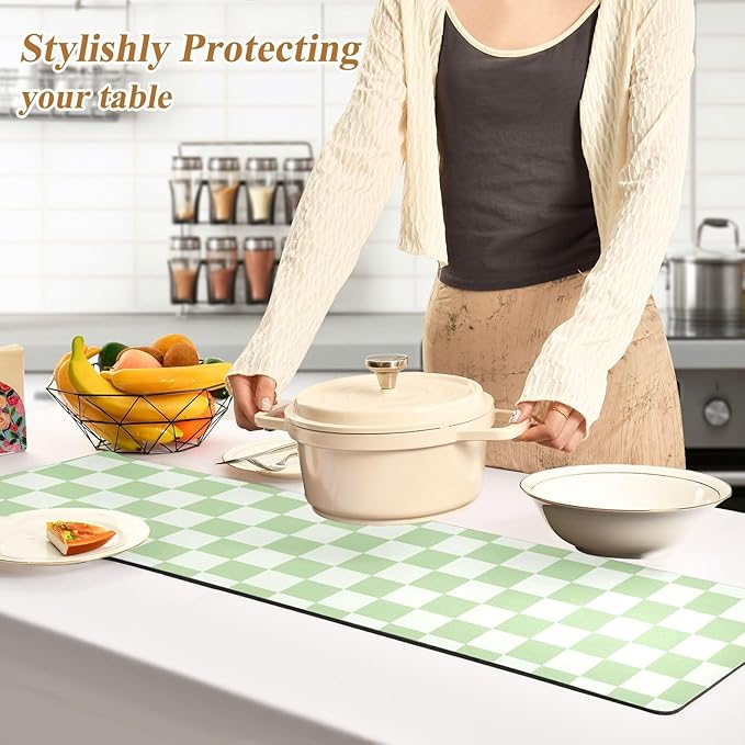 Checkered Mint Green and White Trivet Table Runner Heat Resistant 230F for Hot Dishes Pots Plates Kitchen Dining Table Protector Decorative 39.37 X 11.8 Inch