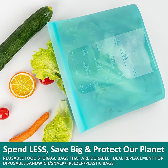 8-Pack Reusable Silicone Food Storage Bags, 100% Silicone Stand-Up Wide-Open Zip-Lock Reusable Storage Bags for Food, Freezer Microwave Oven Dishwasher Safe, Aqua, 4S 4XS