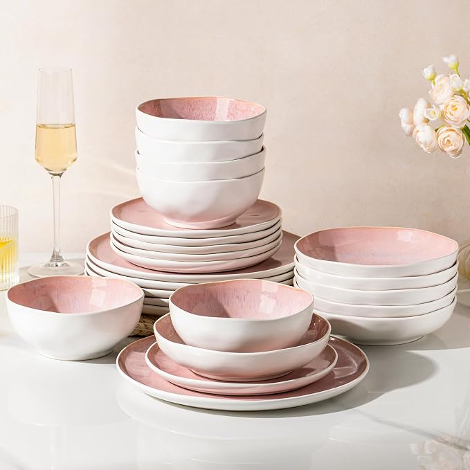 GBHOME Stoneware Dinnerware Sets for 6, 24 Pieces Rustic Ceramic Plates and Bowls Set, Handmade Reactive Glaze Plate Sets, Highly Chip Resistant Dishes, Microwave & Dishwasher Safe, Pink