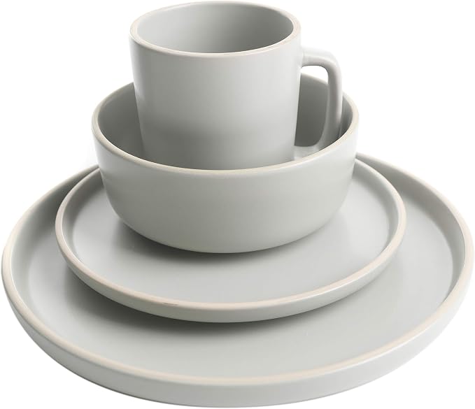 Gibson Home Zuma 16 Piece Round Kitchen Dinnerware Set, Dishes, Plates, Bowls, Mugs, Service for 4, Matte Stoneware, Light Grey