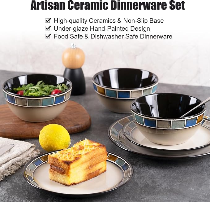 12 Piece Stoneware Dinnerware Set for 4, Vintage Blue & White with Square Rim Handmade Ceramic Plates and Bowls, Scratch Resistant Dish Set, Microwave & Dishwasher Safe Porcelain Kitchen Dishes