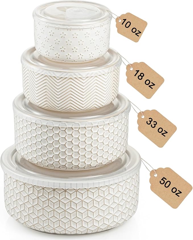 Serving Bowls with Lids, Ceramic Embossed Nesting Mixing Bowls, Set of 4, Serving Bowls Set for Food Storage, Popcorn, Salad etc, Microwave & Dishwasher Safe, 10/18/33/50 OZ, Off-White
