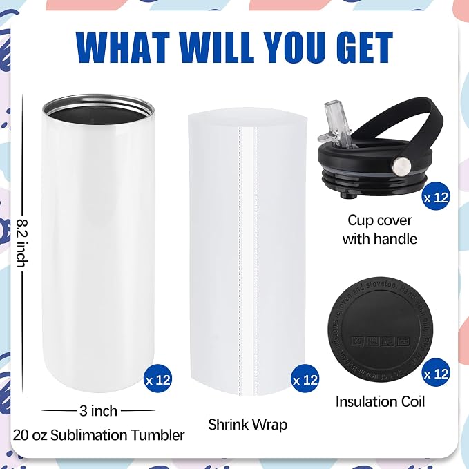 Joyclub 12 Pack Sublimation Water Bottle Blanks Bulk 20 oz Sublimation Tumblers with Handle Lids and Straws Skinny Straight Stainless Steel Cups DIY Gift