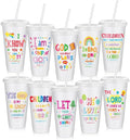 Uiifan 10 Pcs VBS Christian Tumblers with Straws for Kids, Bible Verse Cups for VBS, Sunday School, Church Party Favors and Faith Gifts, Reusable Plastic Tumblers with Lids, 24 oz, White