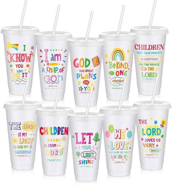 Uiifan 10 Pcs VBS Christian Tumblers with Straws for Kids, Bible Verse Cups for VBS, Sunday School, Church Party Favors and Faith Gifts, Reusable Plastic Tumblers with Lids, 24 oz, White