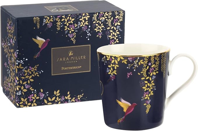 Portmeirion Sara Miller London Chelsea Mug, Navy | 12 Oz Cup for Drinking Tea, Coffee, and Hot Cocoa | Made from Fine China with Gold Detail | Handwash Only