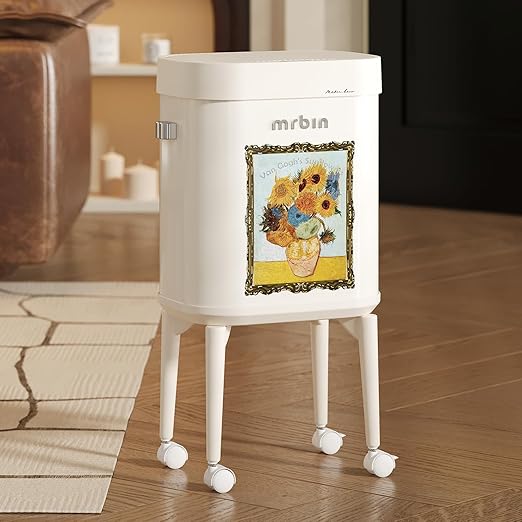 MRBIN Metal Motion Sensor Kitchen Trash Can with Wheel Legs, 15L / 4gal Metal Slim Trash Can, Pet Proof Tall Narrow Garbage Pail for Vanity, Bedroom, Bathroom, Living Room, Sunflower