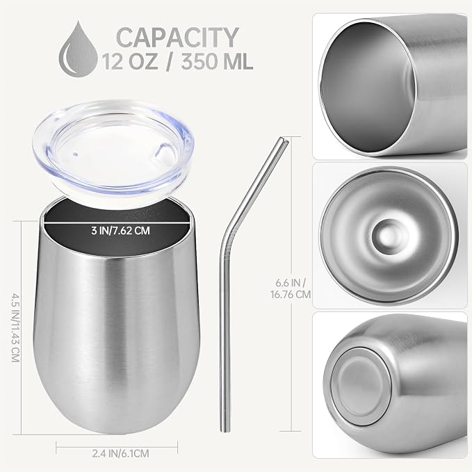 Volhoply 12oz Stainless Steel Wine Tumbler with Lid Bulk 12 Pack,Double Wall Vacuum Stemless Wine Glasses,Reusable Metal Travel Coffe Mug with Straw,Insulated Cups Gifts for Christmas（Silver,12 Set）