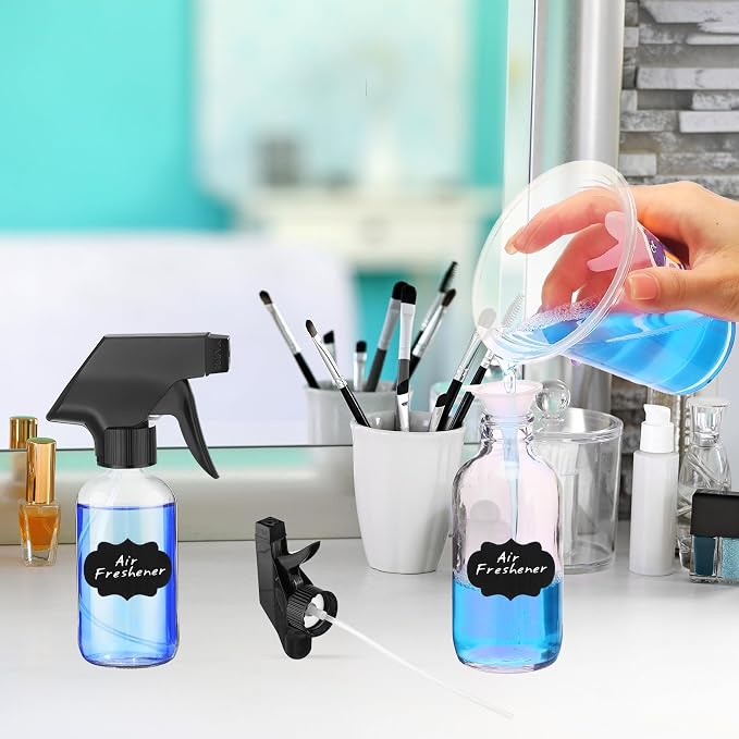 Fumete 20 Pcs 4 oz Glass Spray Bottles Empty Refillable Sprayer Containers with Funnels Labels Black Trigger Sprayers Spray Bottles for Essential Oil DIY Kitchen Hair Plants(Clear)