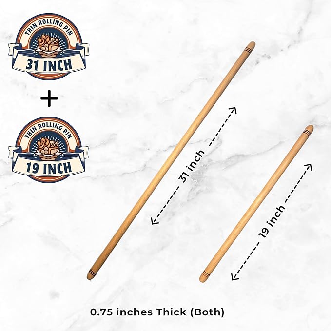 2 Pcs Set (19 inch + 31 inch set) Oklava Extra Long Rolling Pin for Baking, Mattarello Rolling Pin for Manti Ravioli Pasta Turkish Baklava dough Tortilla, Handmade Wooden