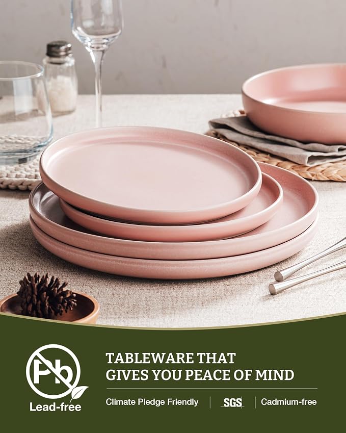 Famiware Milkyway Plates and Bowls Sets, 12 Pieces Dinnerware Sets, Reactive Glaze Dish Set, Stoneware Dishes Set for 4, Light Pink
