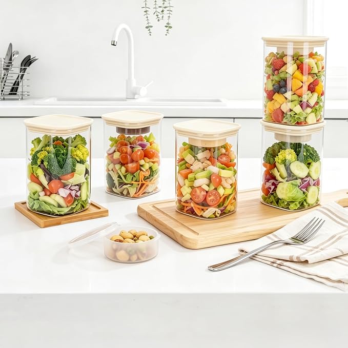 LIBWYS 39oz Large Glass Salad Jars with Lids Meal Prep, 2pack Square Glass Containers for Home Storage & Lunch, Built-In Leakproof Compartments, Wet/Dry Separation for Salad Dressing & Ingredients