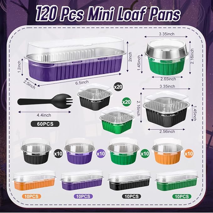 Blushtier 120 Set/240 Pcs Halloween Mini Loaf Pans with Lids and Spoons Halloween Disposable Mini Cake Pans 6.8, 5, 4.2 oz Square Rectangle Round Aluminum Foil Cupcake Baking Cups Dessert Liners Tins