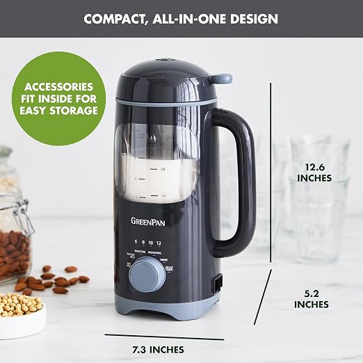 GreenPan 30oz Nut Milk Maker Machine, 15-in-1 for Homemade Almond, Oat, Soy, Coconut, Plant-Based Non-Dairy Beverages, Soups, BPA-Free Glass, Automatic Self-Clean, Delay Start, Gray