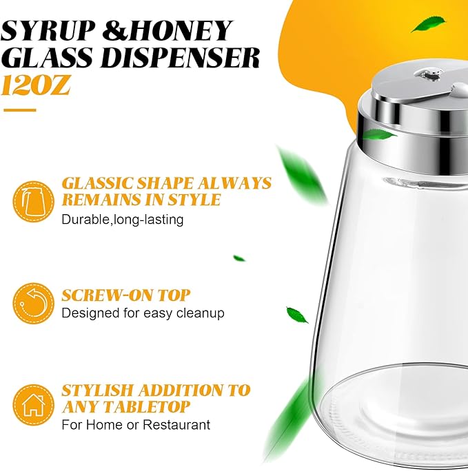 Zopeal Set of 12 Honey Maple Syrup Dispenser 12 oz Glass Bottle Syrup Pitcher Containers with Retracting Spout for Restaurants Sugar Coffee Milk Creamer Condiment, 3.2 x 4.8 Inches