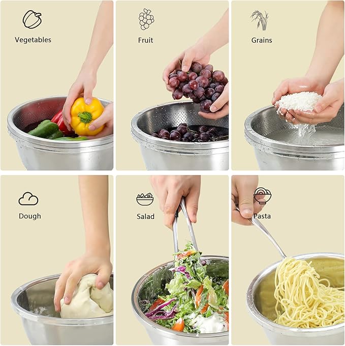 304 Stainless Steel Microporous Colander, 5QT Large Capacity with Mixing Bowl For washing vegetables, fruit and rice and for draining cooked pasta(2PC)