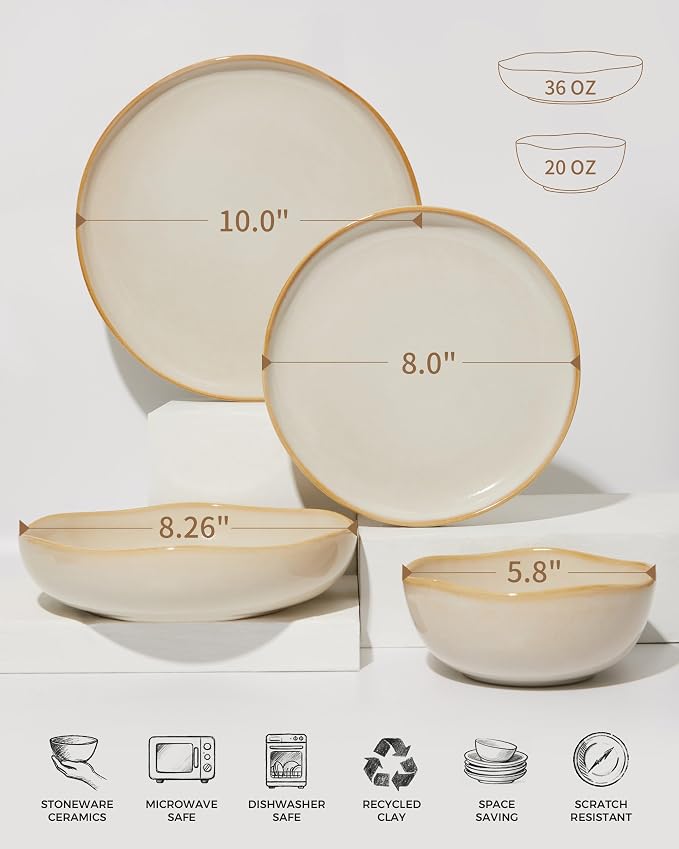 Pokini Plates and Bowls Sets, 16 Pieces Dinnerware Set for 4 with Pasta Bowls, Handmade Dishes Set, Chip Resistant Dishware Sets, Microwave Safe Dinner Set, Designed for Interactive Meal, Yellow White