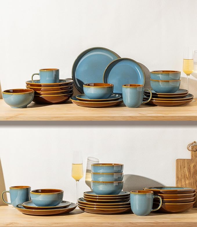 LERATIO Stoneware Dinnerware Sets for 4, 12 Pieces Ceramic Plates and Bowls Sets, Scratch Resistant Dish Set, Oven, Microwave & Dishwasher Safe-Ocean Blue