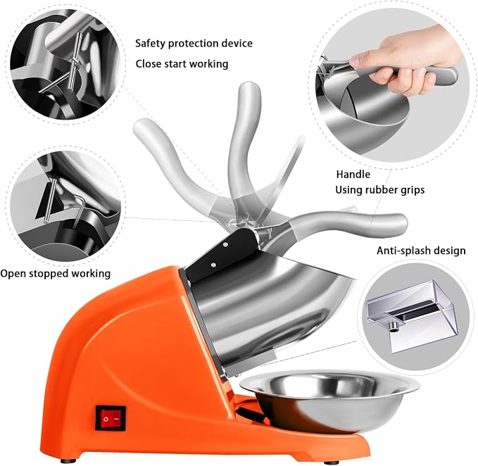 4-Blades Ice Shaver, Electric Shaved Ice Machine Ice Shaver Machine,200lbs/hr ice Crusher with Ice Pick for Home and Commercial Use（Orange）