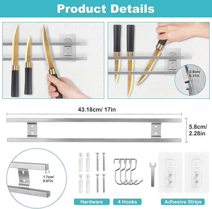 Knife Magnetic Strip With 3 Hooks, 14" Magnetic Knife Holder for Wall Mount Fridge Refrigerator, 17 Inch Magnetic Knife Holder with 4 Hooks,Dual Rod Strong Magnet Knife Bar for Partry Garage Tool Rack