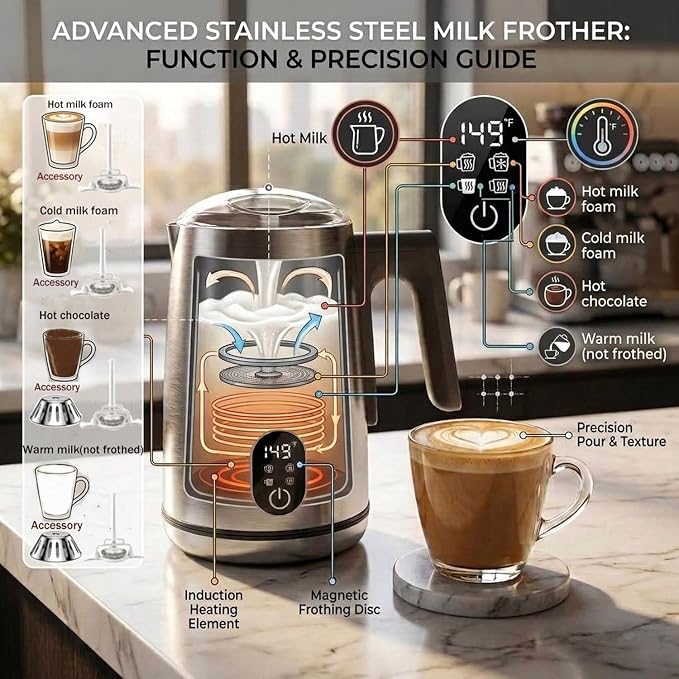 Milk Frother Electric, 4-in-1 Milk Frother and Steamer for Latte, Cappuccino, Hot & Cold Milk Froth Maker, Automatic Milk Steamer and Frother, Quiet One-Touch Operation, Easy to Clean,Brushed Silver