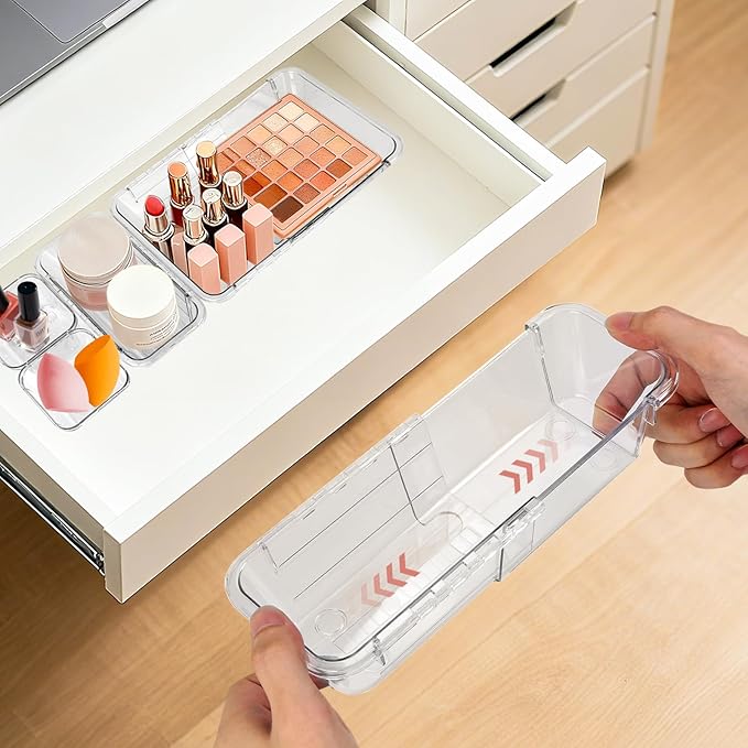 IAMGlobal 14PCS Extendable Clear Drawer Organizer, 3-Size Adjustable Vanity Organizer, Clear Acrylic Storage for Makeup, Bathroom, Bedroom, Kitchen, Office