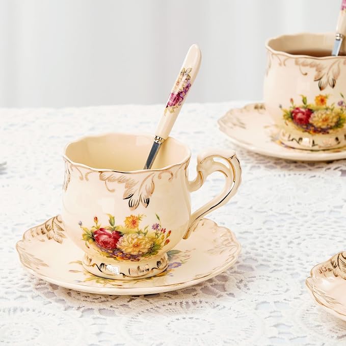 YOLIFE Tea Saucers Set of 4, 5.8 inch – Ivory Vintage Floral Porcelain Tea Plates for Cups with Gold Leaves Trim, Ideal for Tea Parties