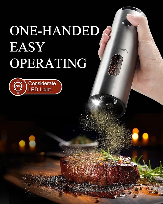 Electric Salt and Pepper Grinder Set with Rechargeable Base - Upgraded Large Capacity, Refillable Pepper Mill Set with LED Light & Adjustable Coarseness, Ideal for Kitchen, Outdoor (Polished Silver)